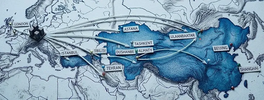 Domlesta freight route map from Europe to Kazachstanas, Uzbekistanas, Armėnija, Azerbaidžanas, Kirgizija, Gruzija, Tadžikistanas, Mongolija, Turkija, Kinija